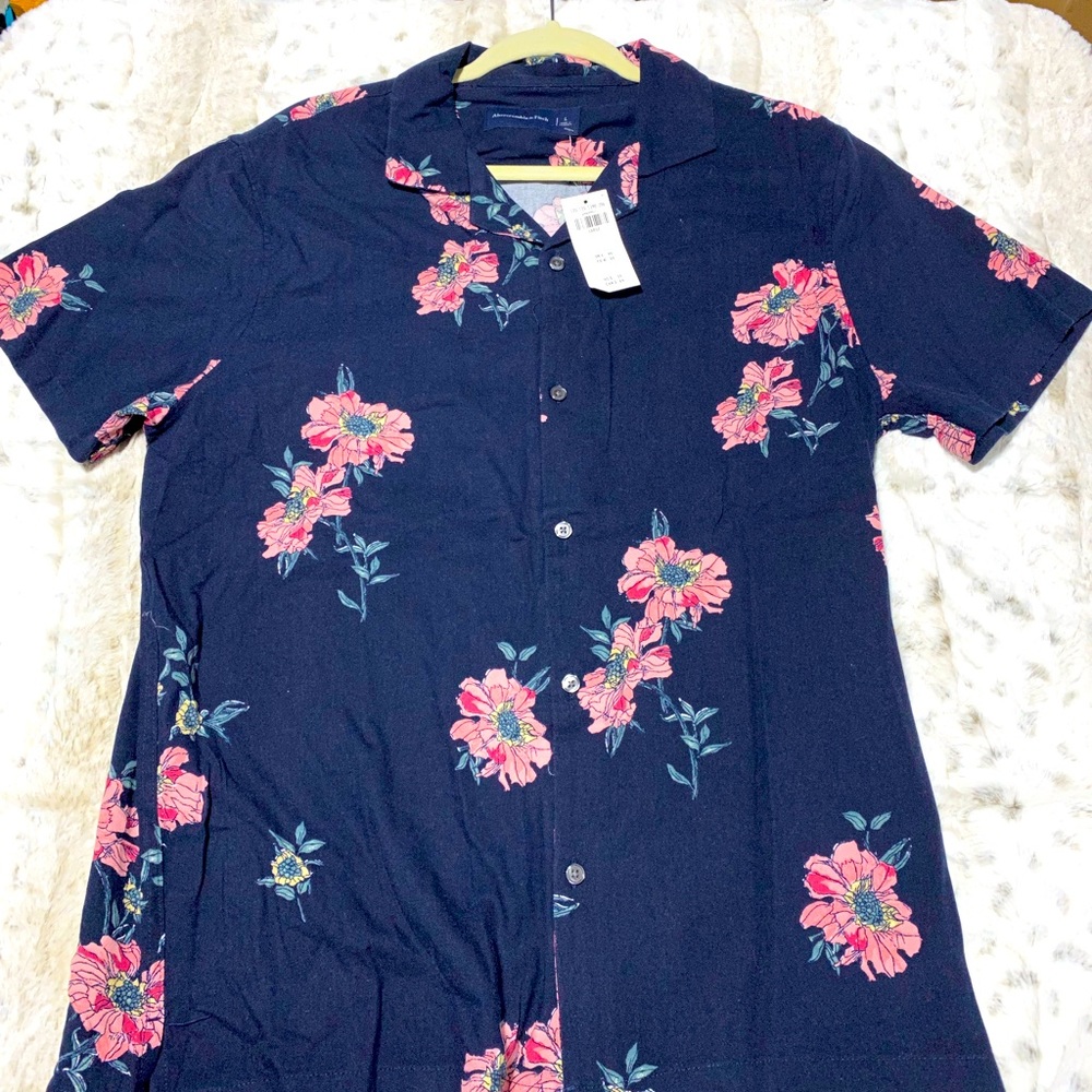 Abercrombie & Fitch Navy Button-Down Shirt with Pink Floral Print